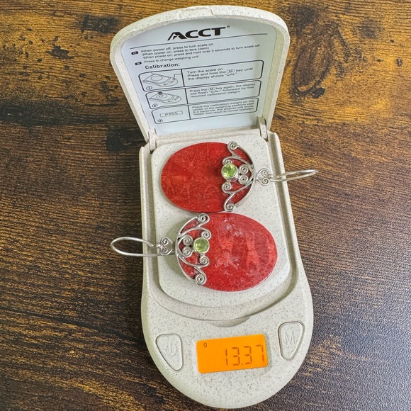 Coral and Peridot Sterling Silver Earrings Oval 925 Scrolled Hook Wires Bohemian - Picture 10 of 13